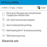 HP Envy 6155e Wireless All-in-One Color Inkjet Printer, Print, scan, Copy, Duplex Printing Best-for-Home, 3 months of Instant Ink included (714L5A)