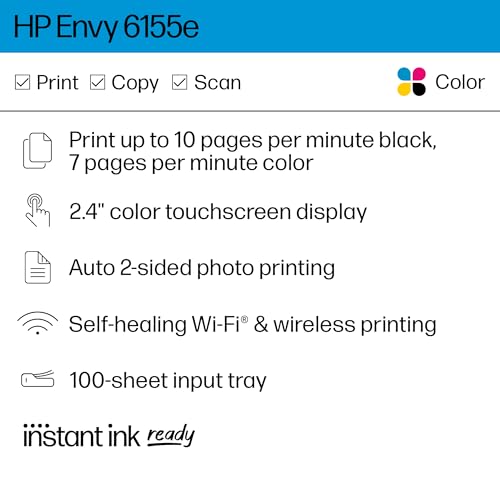 HP Envy 6155e Wireless All-in-One Color Inkjet Printer, Print, scan, Copy, Duplex Printing Best-for-Home, 3 months of Instant Ink included (714L5A)